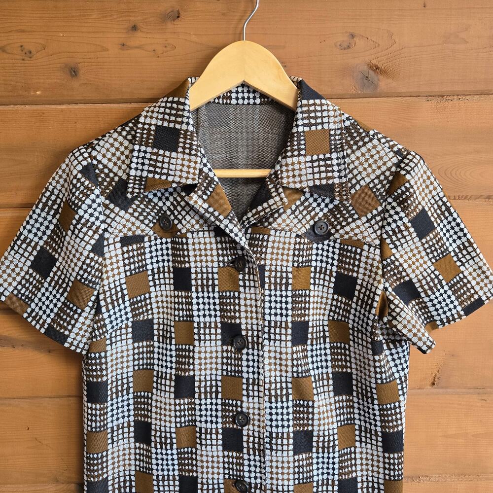 Vintage 70's Top Handmade Disco Mod Green Button Down Blouse Retro Geometric - Picture 4 of 4